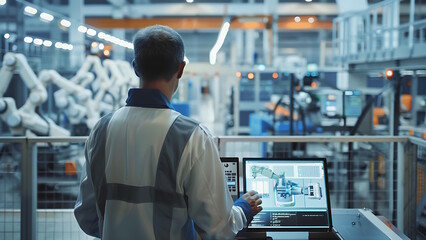 Fototapeta premium Engineer checks and controls automation robot arm machine on monitoring system software.