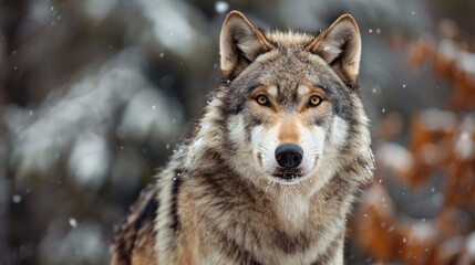 Obraz premium Wolf in winter forest. Majestic wolf standing in a snowy forest, showcasing its thick fur and piercing gaze, capturing the essence of the wild.