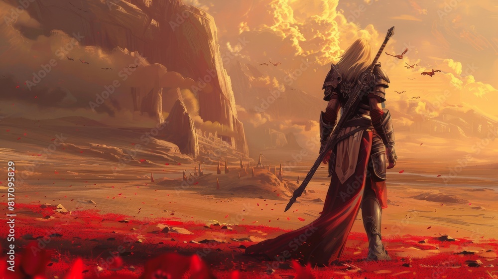 Wall mural A warrior stands in a desert with a sword in hand