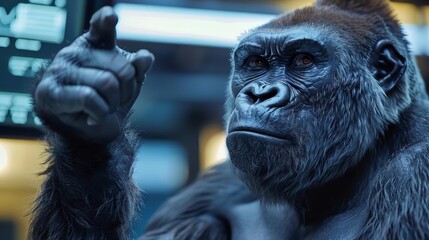 Close up of a gorilla using sign language to communicate with AI interfaces