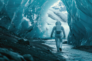 Fototapeta premium Robotic Explorer in Iceland's Majestic Blue Ice Caverns