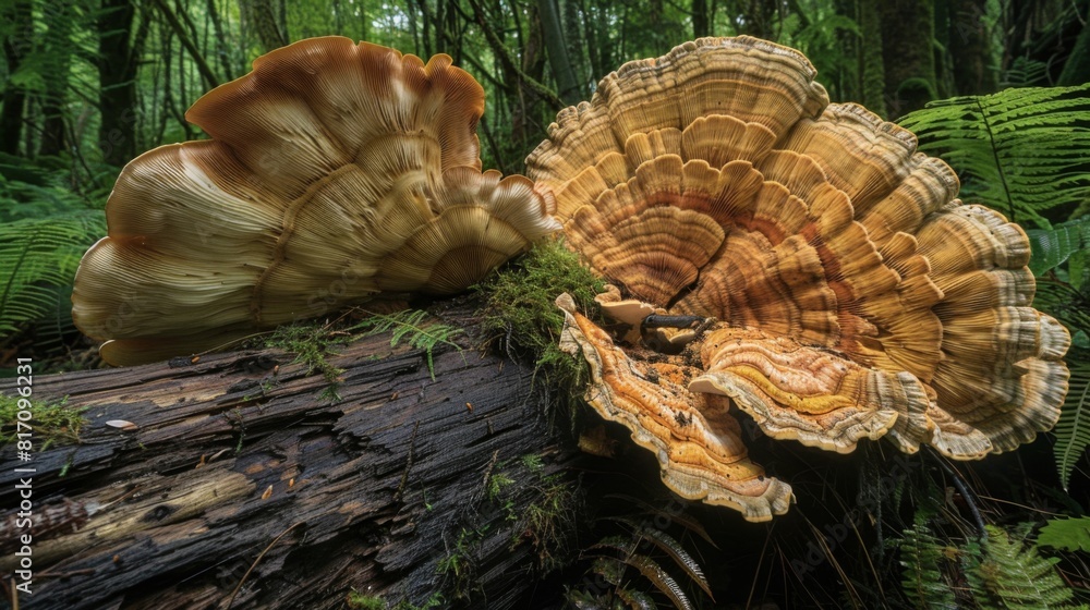 Poster large, fan-shaped fungi sprouting from a log, with a background of ferns and forest flora.