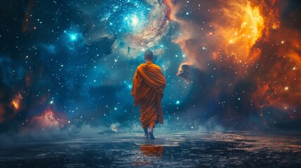 A man in a robe is walking through a colorful, starry sky