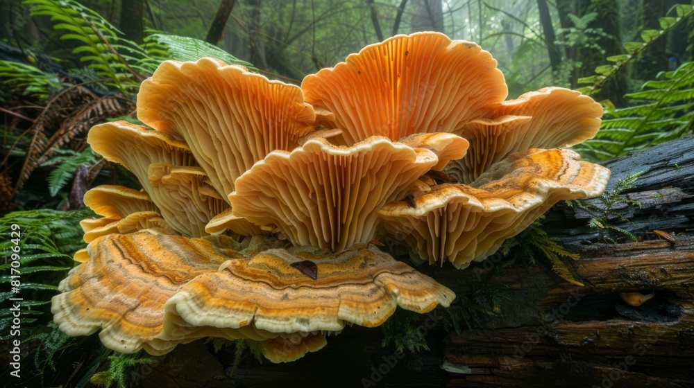 Poster large, fan-shaped fungi sprouting from a log, with a background of ferns and forest flora.