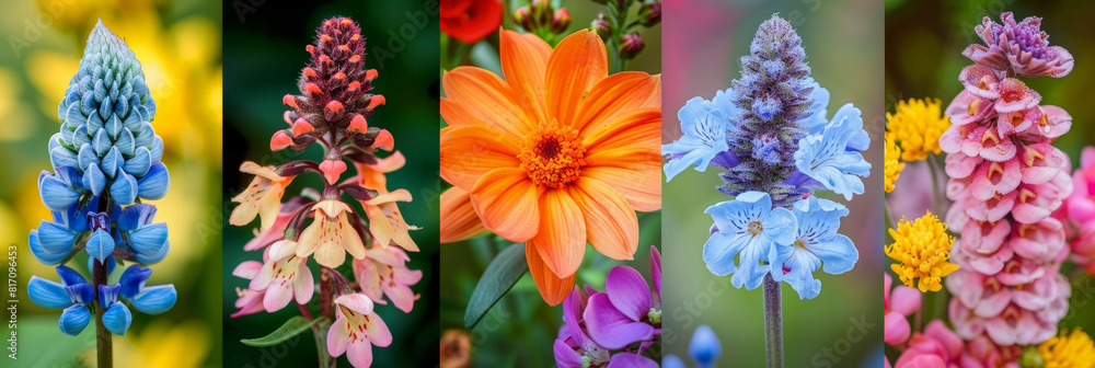 Poster a row of various colorful flowers arranged in a collage, showcasing a vibrant display of natures bea