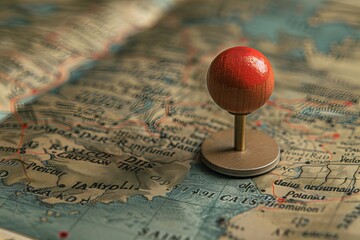 A red pin on a map with a map in the background