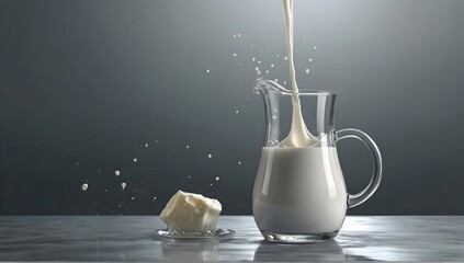 a milk being poured out from the pitcher on the glass table surface, best quality, cloudy gray background, digital HD art, highly detailed, concept art, ultra realistic digital illustration