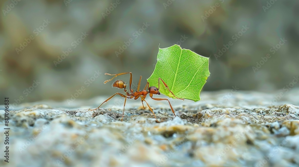 Poster leafcutter ant carrying a piece of a leaf, demonstrating its strength and teamwork.