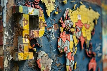 Fototapeta premium World map on wall with hole