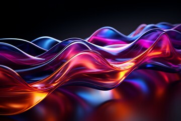 Naklejka premium Abstract illustration of quantum entanglement, side view, interconnected waves, purple and blue, futuristic tone, Triadic Color Scheme