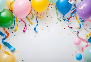 Colorful balloons, streamers, and confetti against a blurred white background, creating a festive and celebratory atmosphere