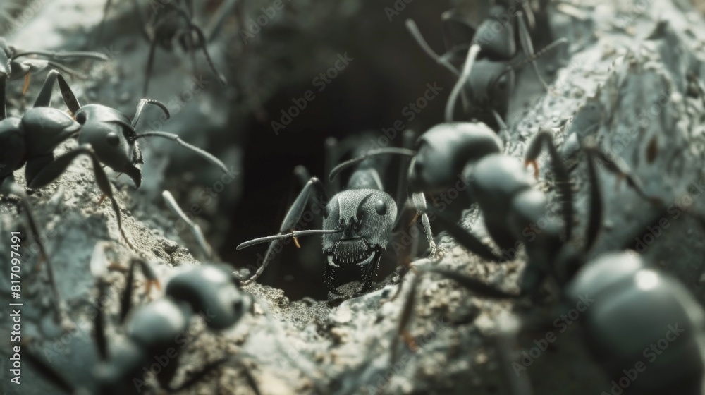 Poster Macro shot of ants tending to their larvae inside an anthill, revealing the nurturing aspect of their behavior.