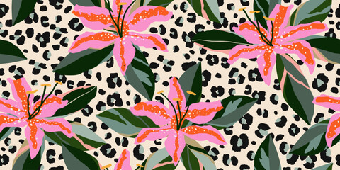 Exotic hand drawn flowers print, seamless patterns with floral and leopard for fabric, textiles, clothing, poster, cover, banner, wall art, home decor, abstract backgrounds. © Udomdech