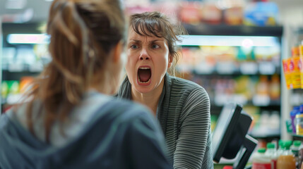 Angry Woman Yelling in Supermarket | Shocked Customer Screaming at Employee, Store Conflict Scene