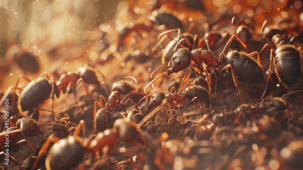 Poster Macro shot of ants tending to their larvae inside an anthill, revealing the nurturing aspect of their behavior.