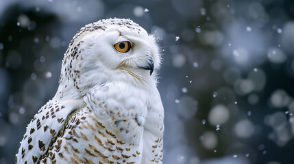Fototapeta premium Snowy owl in snowfall. Beautiful snowy owl with striking eyes perched in a gentle snowfall, capturing the serenity of a winter scene.