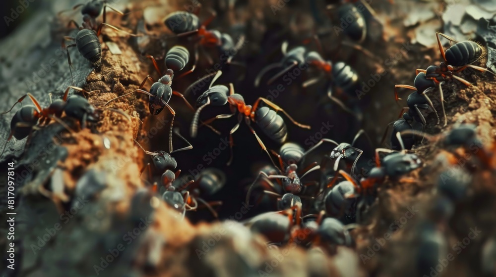 Poster Macro shot of ants tending to their larvae inside an anthill, revealing the nurturing aspect of their behavior.