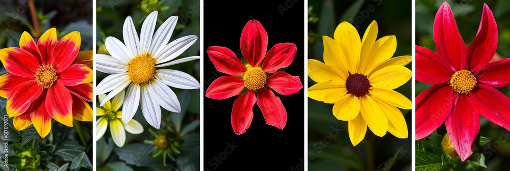 Wall mural collage with daisies of varying colors - white, yellow, pink, and purple - are displayed in a straight line, showcasing the diversity of hues in the common flower