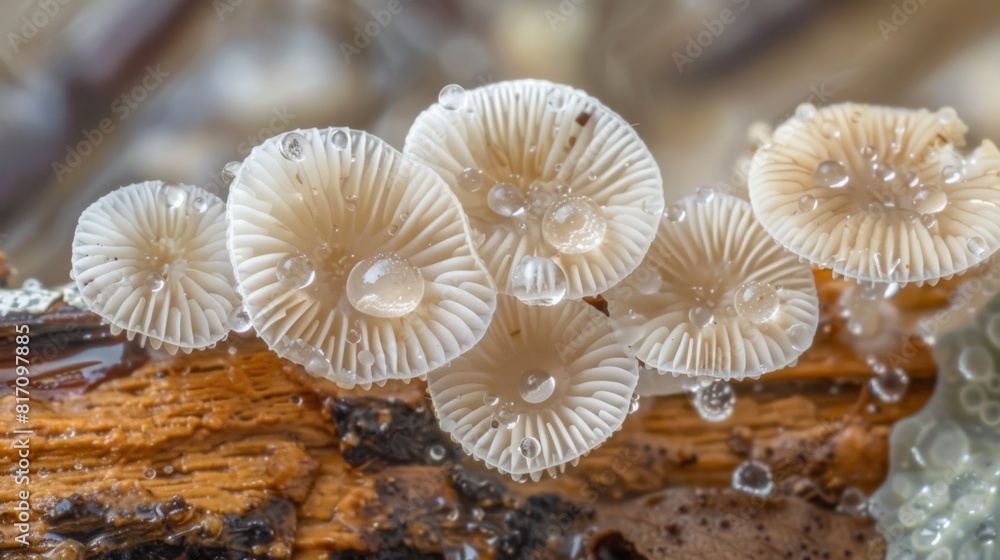 Poster macro shot of delicate mushrooms on a log, with droplets of morning dew adding a fresh, natural touc