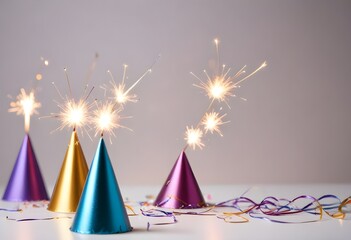 Sparklers, party hats, and metallic decorations against a blurred white background, creating a festive and celebratory atmosphere