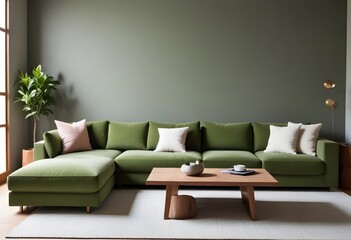 Green modular corner sofa against the blank brown stucco wall, offering ample copy space for your creative touch