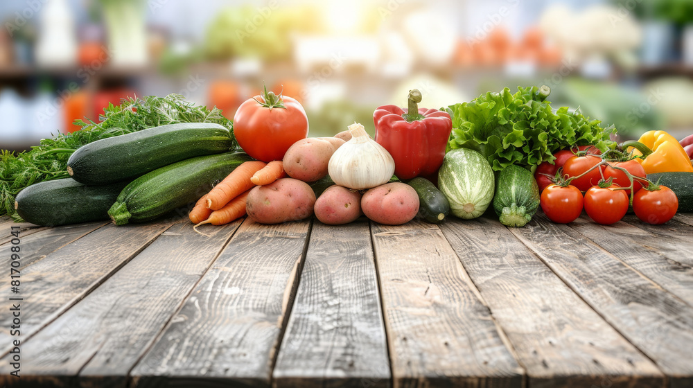 Poster an assortment of fresh vegetables including tomatoes, cucumbers, and bell peppers laid out on a wood