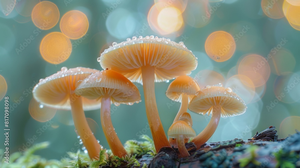 Poster macro shot of delicate mushrooms on a log, with droplets of morning dew adding a fresh, natural touc