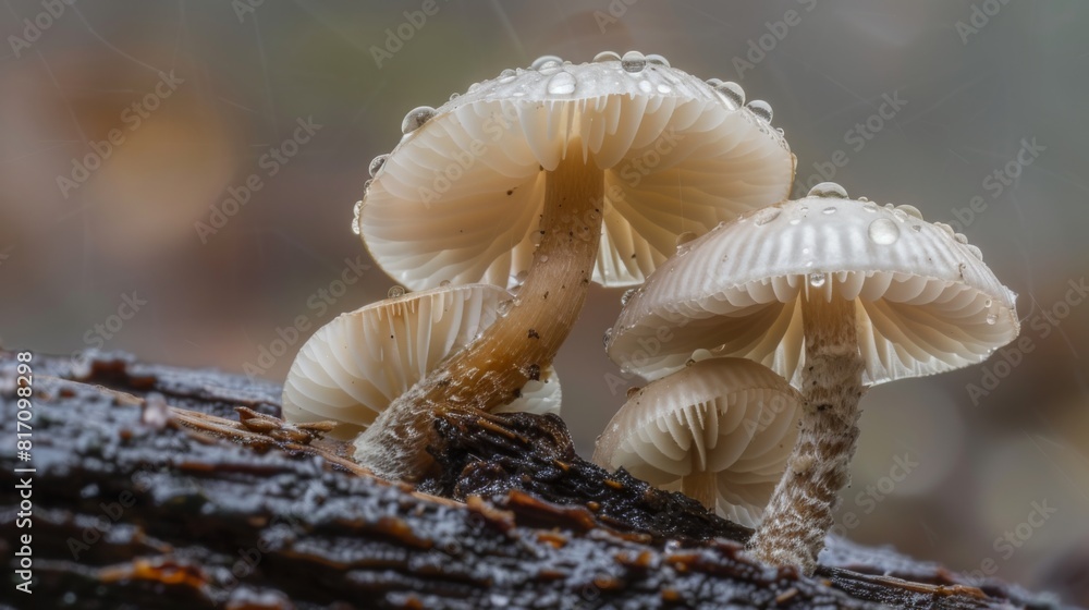 Poster macro shot of delicate mushrooms on a log, with droplets of morning dew adding a fresh, natural touc