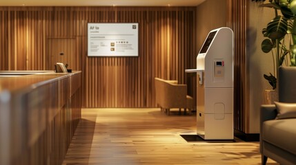 A sleek and user-friendly self-service kiosk allows guests to check in and out of the hotel efficiently. A high-resolution screen displays clear instructions.