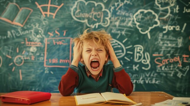 A boy is loudly screaming in front of a chalkboard, displaying extreme frustration or anger while surrounded by classroom setting.