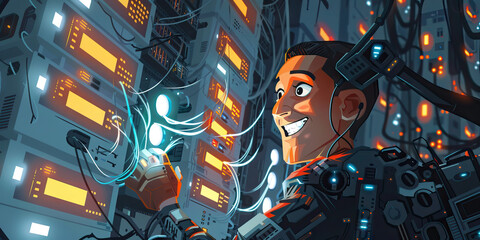 Glimmer of Cyber-Genius: A Hacker's Radiant Smile Amidst the Frenzy of Data Unchained from Its Cyber-Prison.
