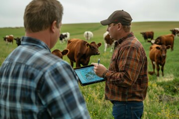 Farmer Demonstrates Rotational Grazing Practices Using Digital Tablet Amidst Grazing Cows