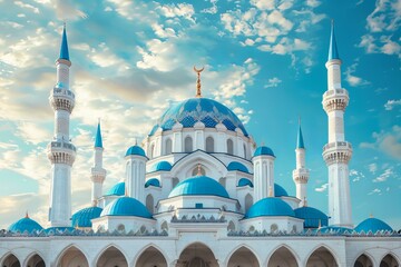 White and blue mosque with blue domes under clear sky - Powered by Adobe