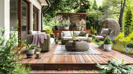 Minimalist-style backyard patio with a wooden deck, outdoor furniture, and potted plants for a tranquil outdoor space.