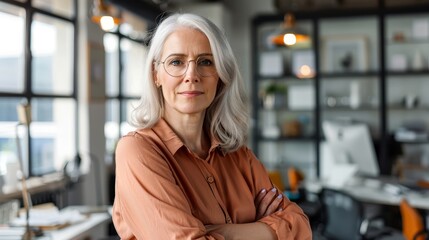 Confident senior businesswoman with gray hair and glasses, standing with arms crossed in a modern office setting.