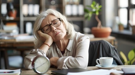 Exhausted senior professional taking a power nap at her desk, illustrating the demanding nature of her job and the need for rest amidst busy work schedules 