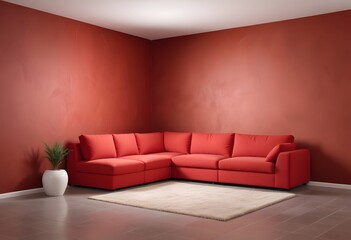 Red modular corner sofa against the blank brown stucco wall, offering ample copy space for your creative touch