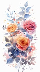 A watercolor painting of a bouquet of roses with a blue background