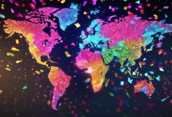 'Colorful AI background. map country dark confetti colors individual every Rendering Glowing world hologram fferent 3D global earth globe asia geography cartography planet europa africa travel'
