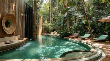 A swimming pool nestled in the heart of the lush jungle, surrounded by towering trees and tropical vegetation.
