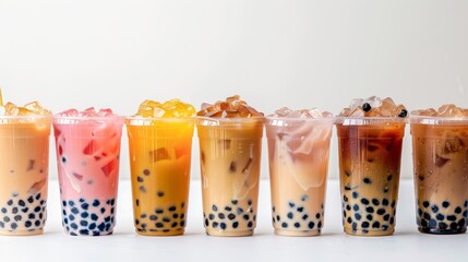Artistic array of bubble teas with diverse flavors, suitable for cafe menu visuals and drink advertising.