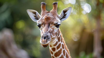 Closeup of a giraffe's face. A detailed image capturing the unique features of a giraffe's face, highlighting its expressive eyes, long eyelashes, and patterned fur.