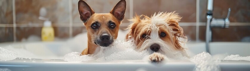 Adorable dog and cat sitting together in a bathtub, enjoying a bath with lots of bubbles, creating a cute and endearing atmosphere in a modern bathroom