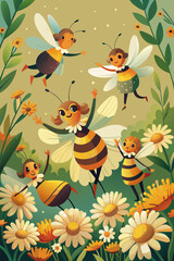 Whimsical Cartoon Bees Enjoying a Floral Wonderland