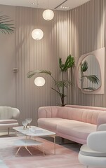 A modern interior of the waiting room in a beauty salon, with light gray walls featuring vertical lines and pink accents