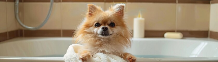 An adorable furry Pomeranian spitz face person in a bathrobe