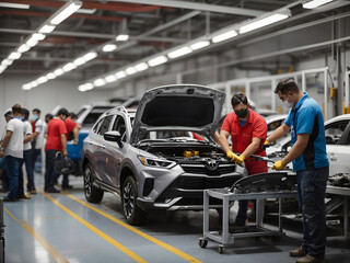 Obraz premium Labor Day and the importance of workers in the automotive industry assembling new cars in a workshop