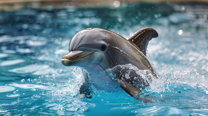 Naklejka premium Happy dolphin above water. A lively image of a dolphin leaping above the water, capturing its joyful and playful nature.