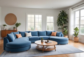 Blue modular corner sofa against the blank brown stucco wall, offering ample copy space for your creative touch