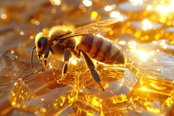 Closeup of a pollinator insect, the honeybee, on a honeycomb